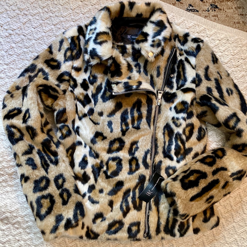 INC faux fur moto jacket.